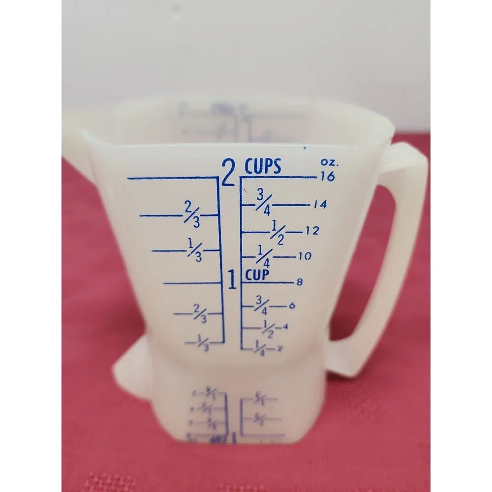 Vintage 1970's Westland Plastics Double Sided Measuring Cup Blue Graphics USA